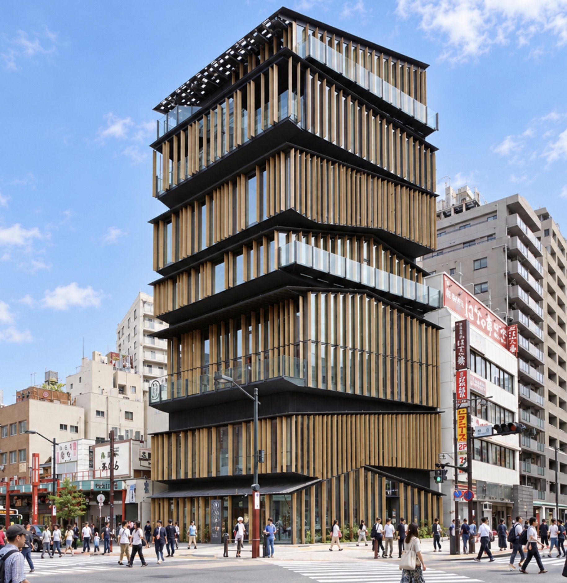 AI-generated illustration of Asakusa Culture and Tourism Center, showing its timber facade and stacked sloping rooflines.